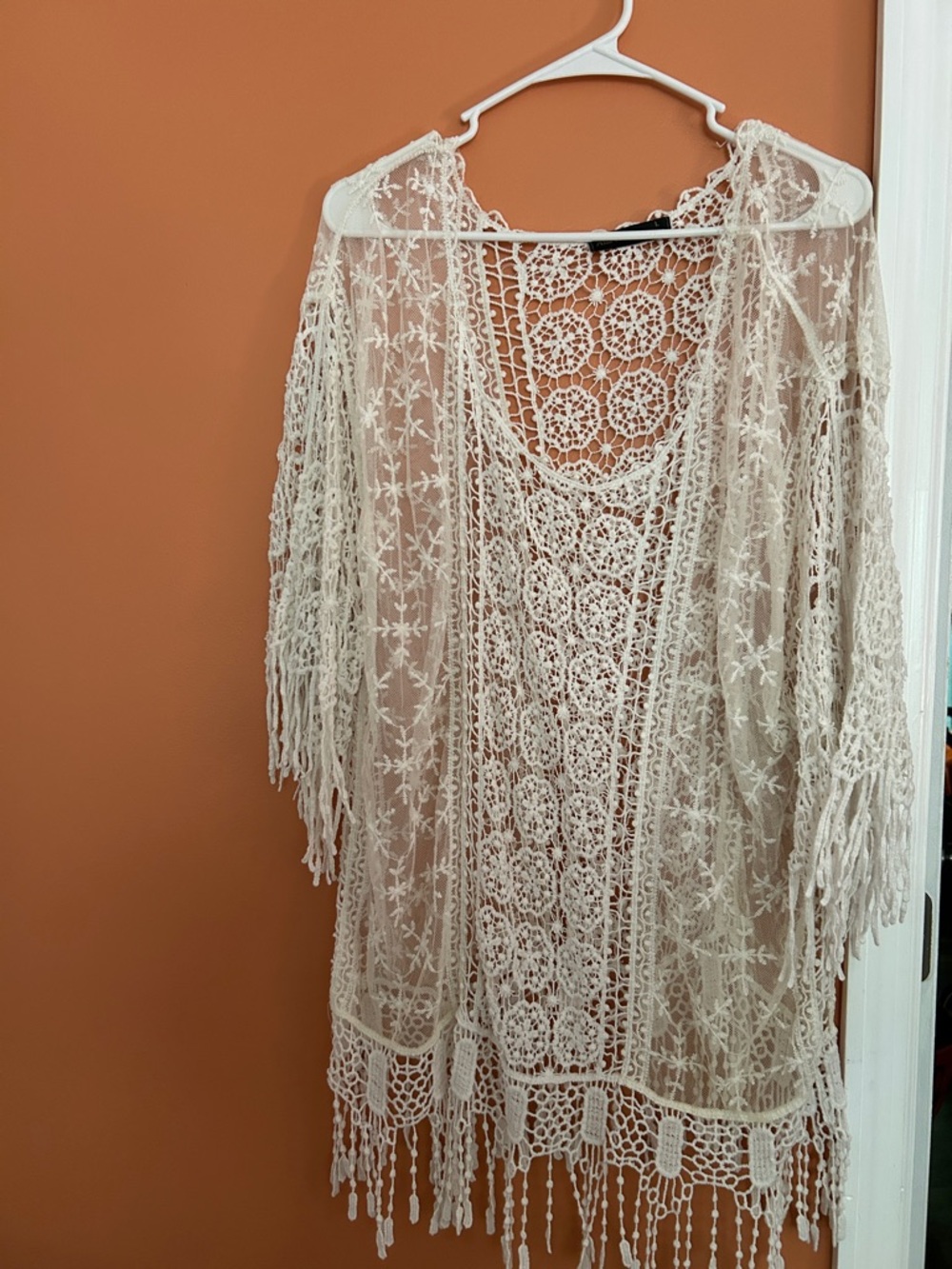Crochet Fringe Lace Kimono Cover-Up - Cream